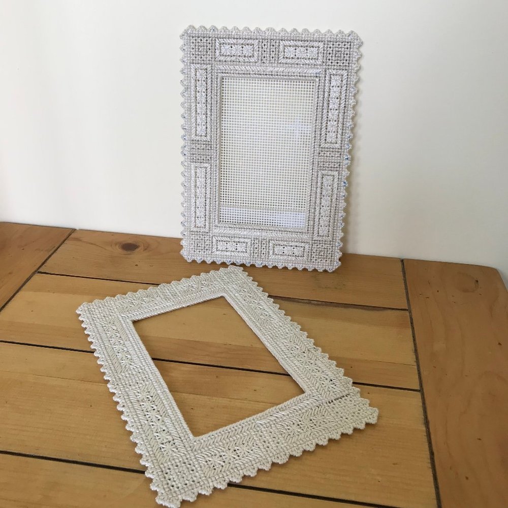 Needlepoint Hardanger Plastic Canvas Photo Frames 6.5x9" Set of 2 Hand Made